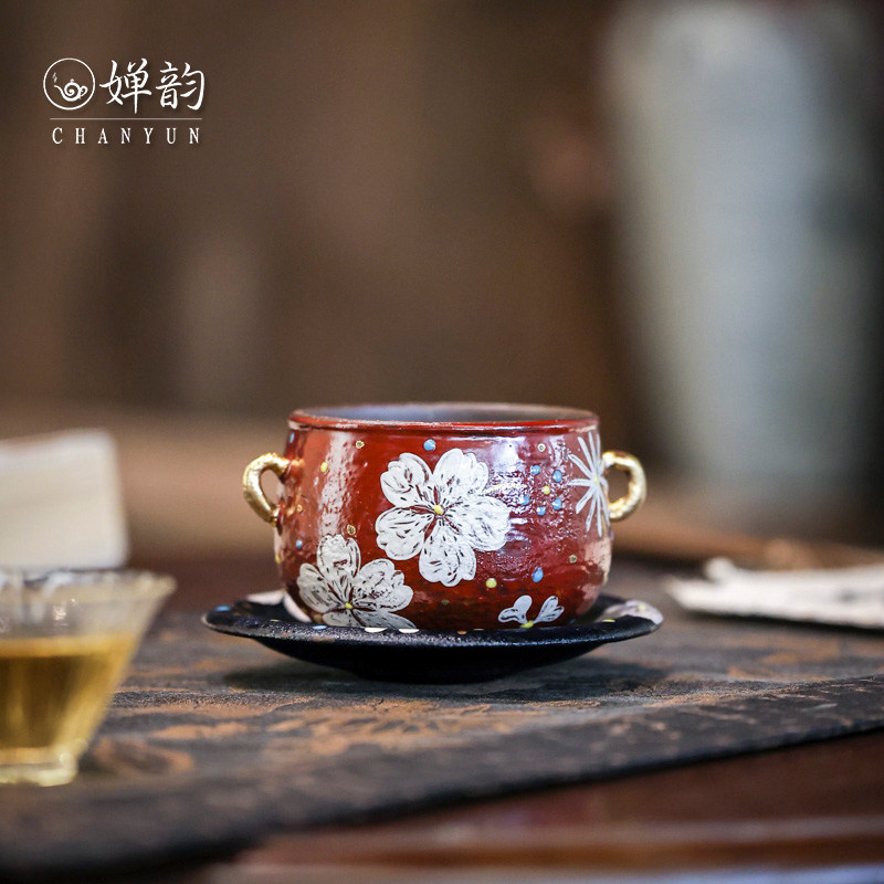 婵韵蕉白轩金银绘复古红白蔷薇花朵咖啡杯套装双耳茶杯主人杯茶具
