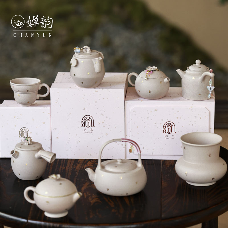 婵韵窑云桃花泥洒金茶壶侧把壶