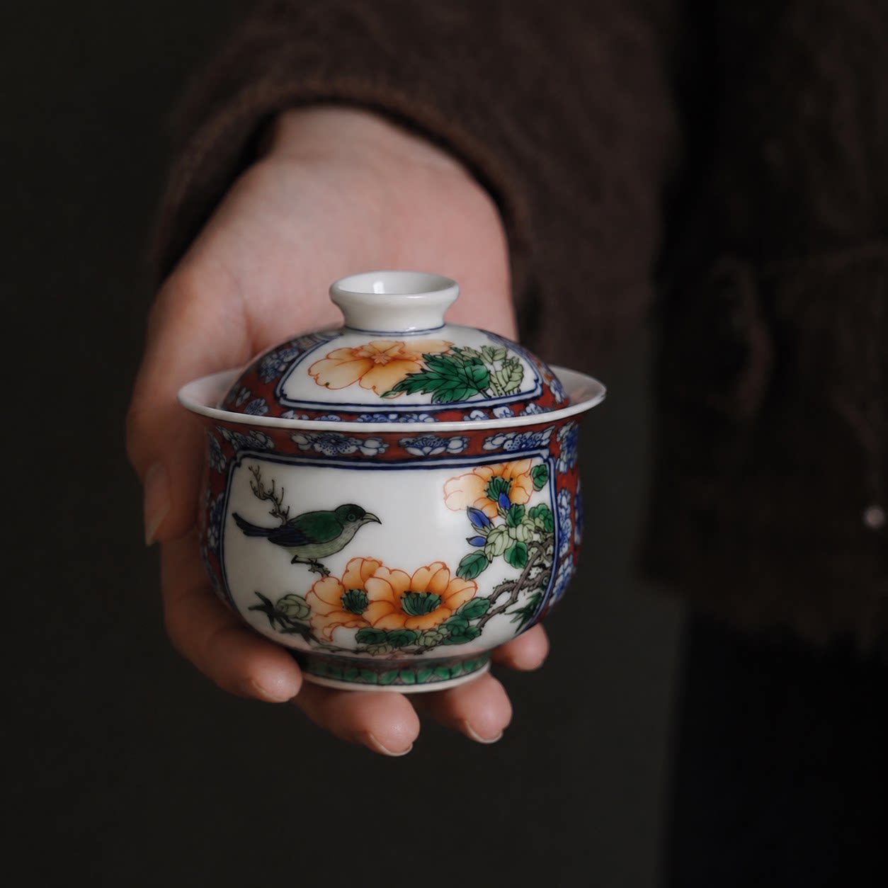 古阅和风茶具釉里红布袋花鸟盖碗