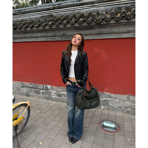 Rrlivin复古时尚重工多拉链修身机车夹克利落翻领黑色短款皮衣女