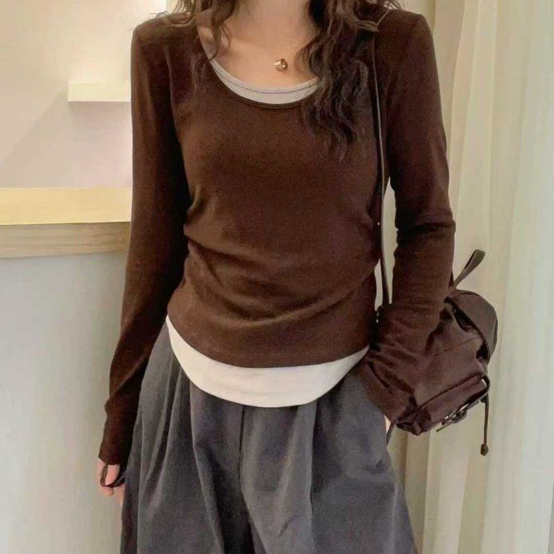 撞色拼接圆领长袖T恤女秋洋气假两件褶皱修身打底衫时尚气质上衣