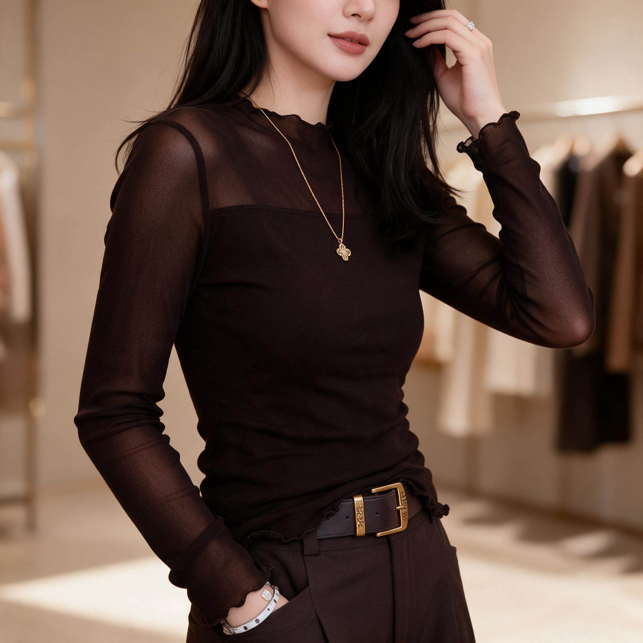 木耳边半高领长袖网纱衫女弹力修身纯色百搭女士洋气叠穿内搭