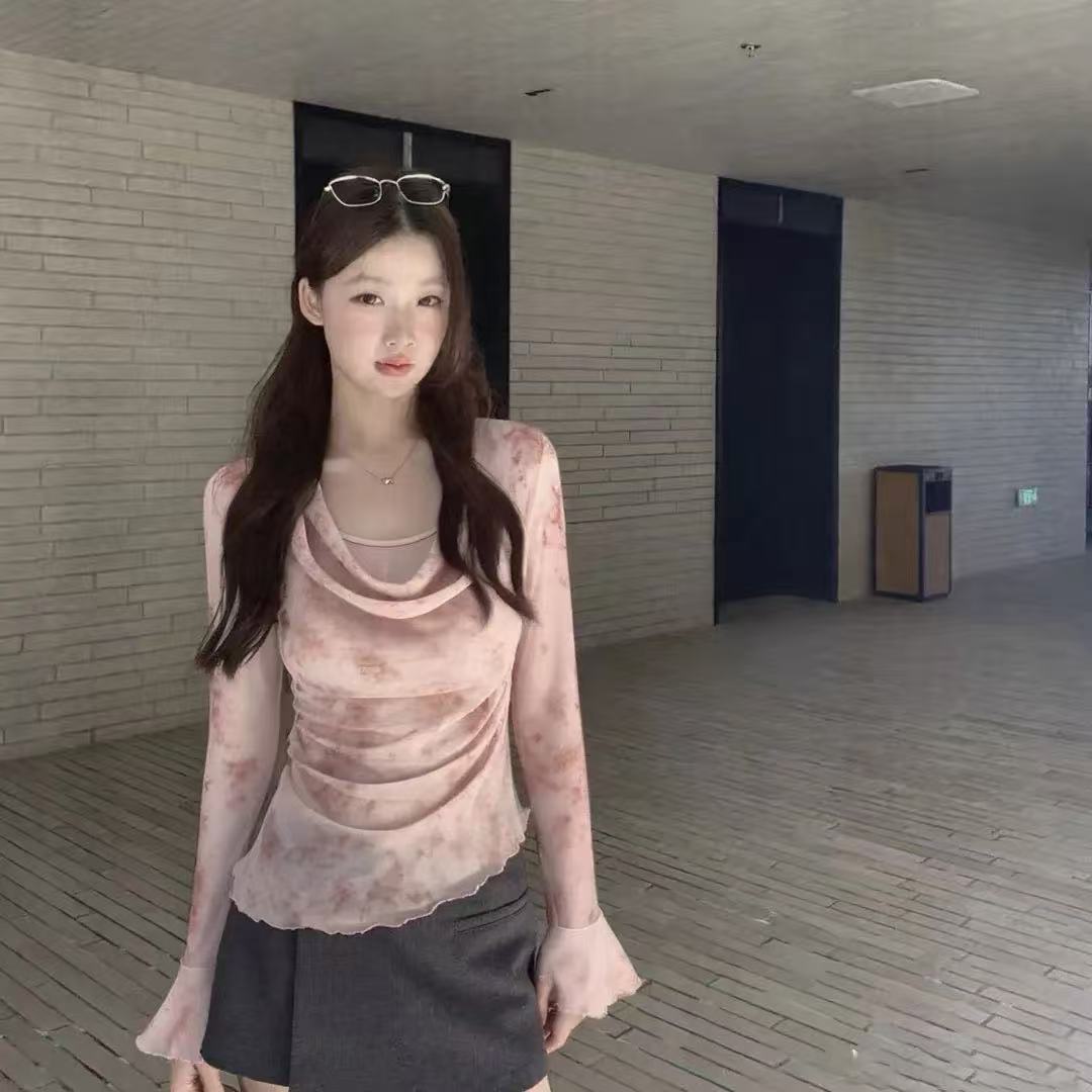 时尚法式蕾丝印花长袖T恤女秋季修身显瘦网纱气质不规则打底上衣