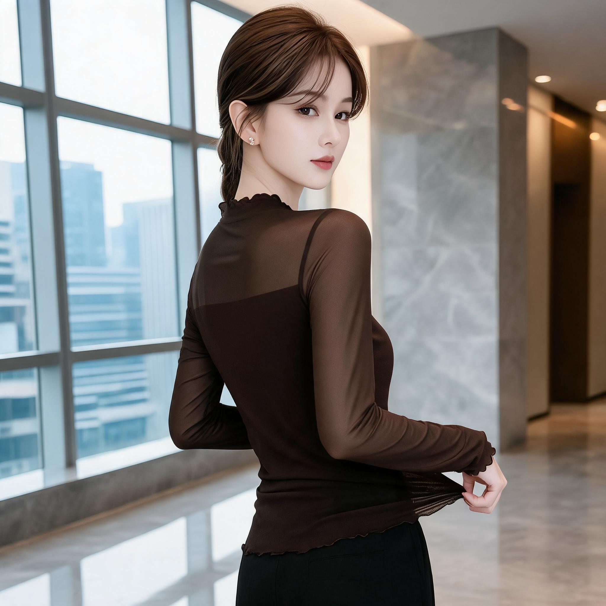 网纱蕾丝衫女木耳边领长袖修身显瘦内搭通勤百搭上衣打底衫