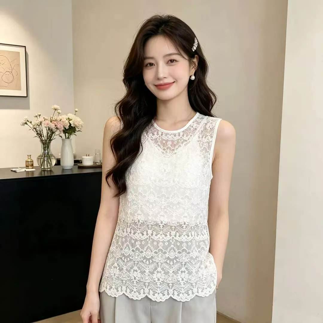 复古钩花镂空无袖蕾丝背心女秋季洋气百搭小衫外搭休闲打底衫上衣