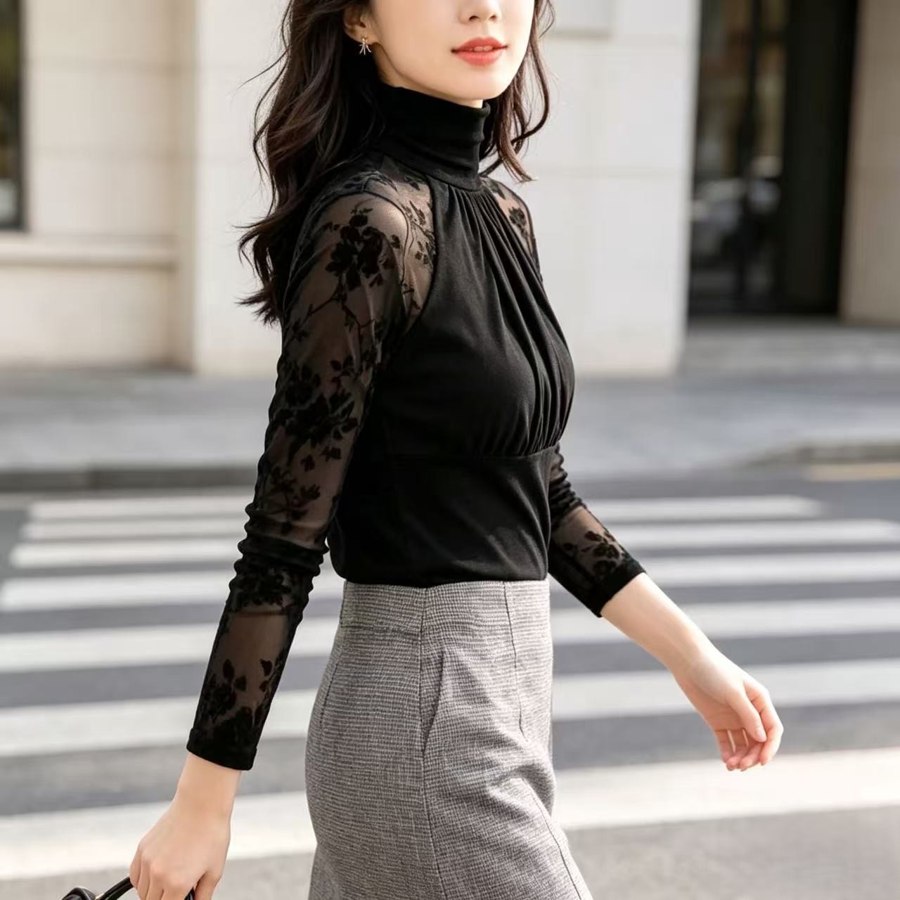 薄款透视蕾丝拼接打底衫女高领长袖弹力修身气质百搭小上衣