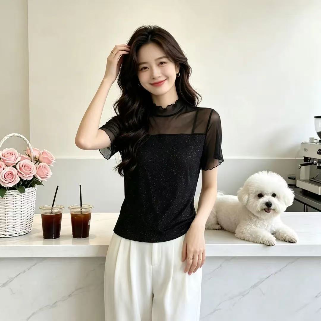 小众设计感透视网纱短袖女木耳边半高领亮丝气质减龄打底小衫