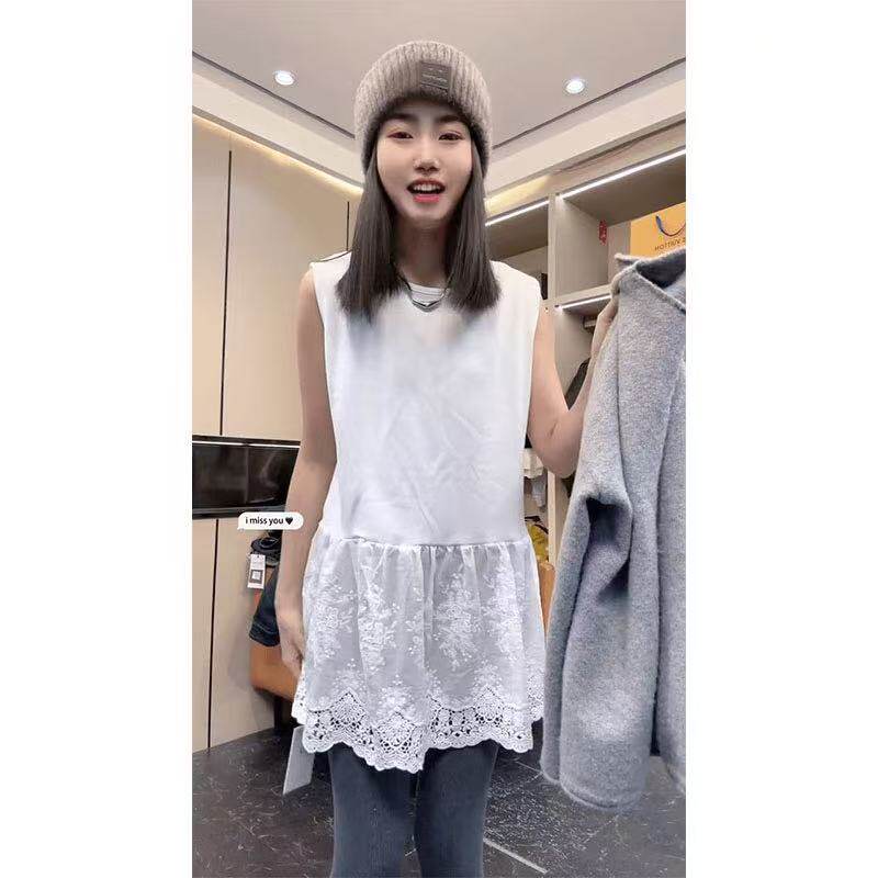 洋气蕾丝拼接无袖背心女白色中长款叠穿百搭内搭叠穿打底衫上衣