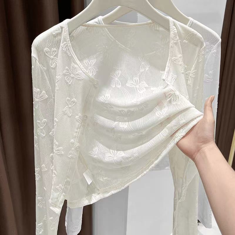 蝴蝶结蕾丝提花杏色长袖短外套