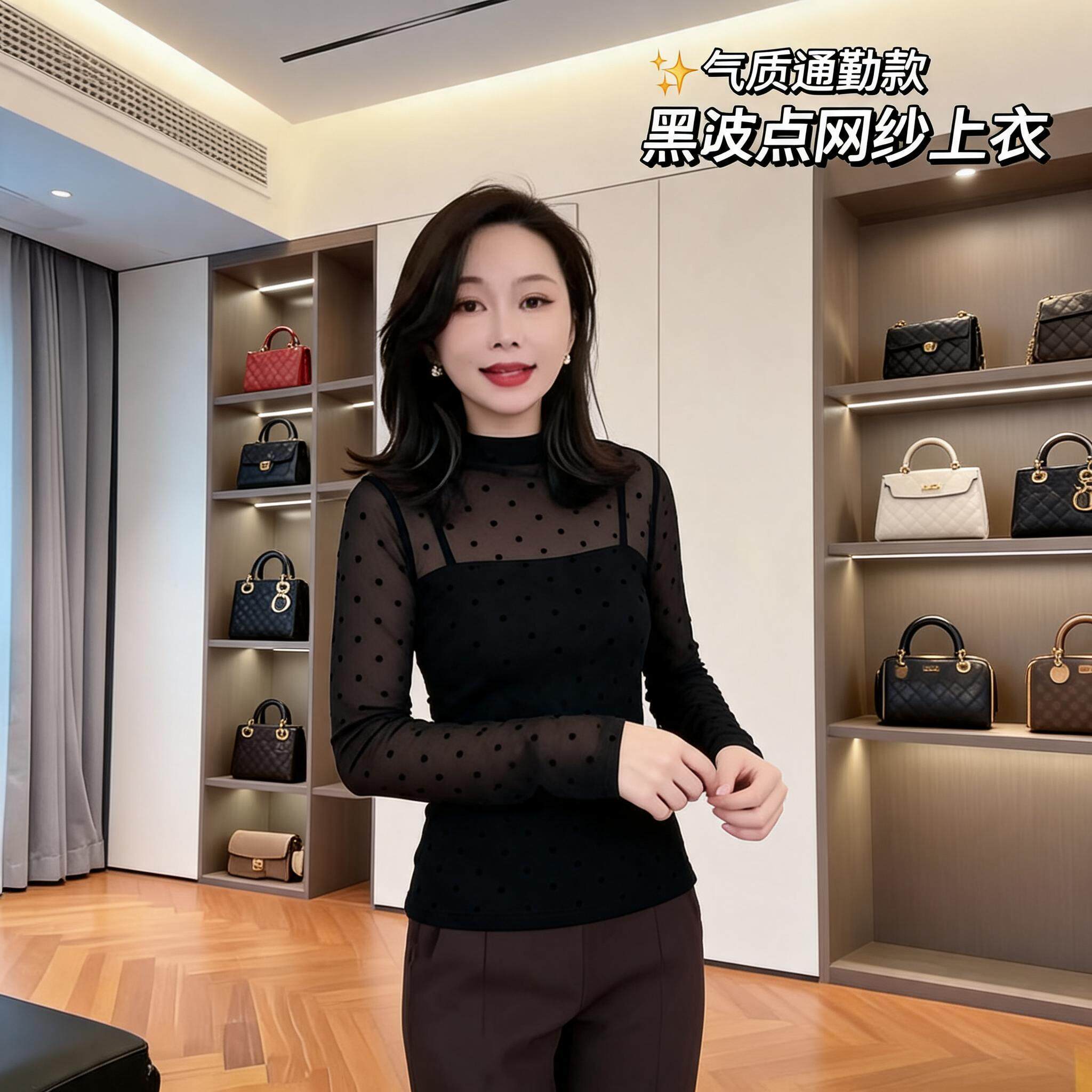 秋季女士半高领长袖打底衫波点网纱质感显瘦修身简约百搭T恤小衫