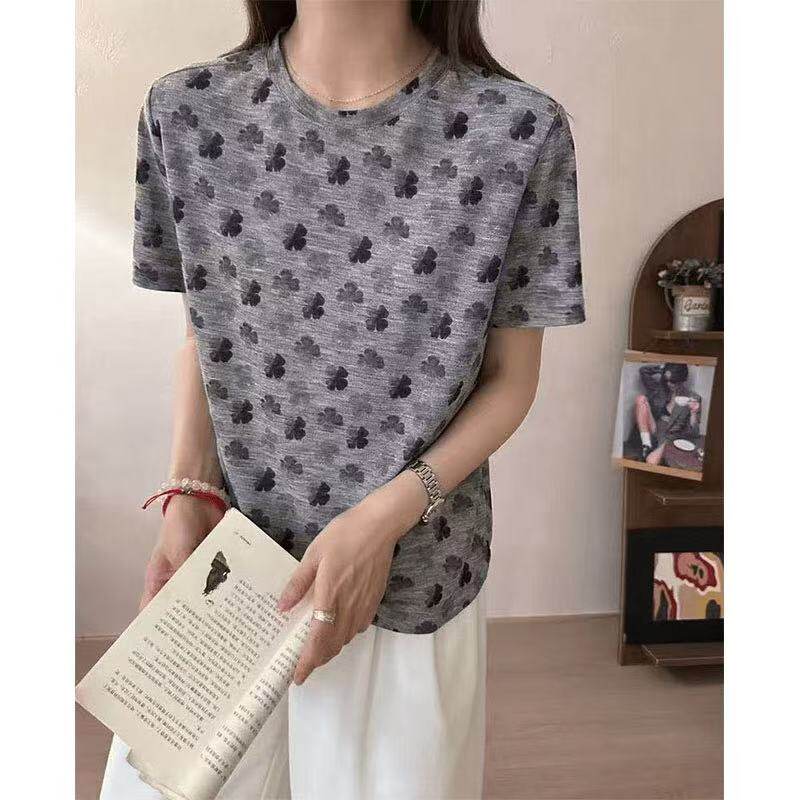 2026夏季新款大码女装胖妈妈弹力轻薄印花短袖T恤女宽松遮肉上衣