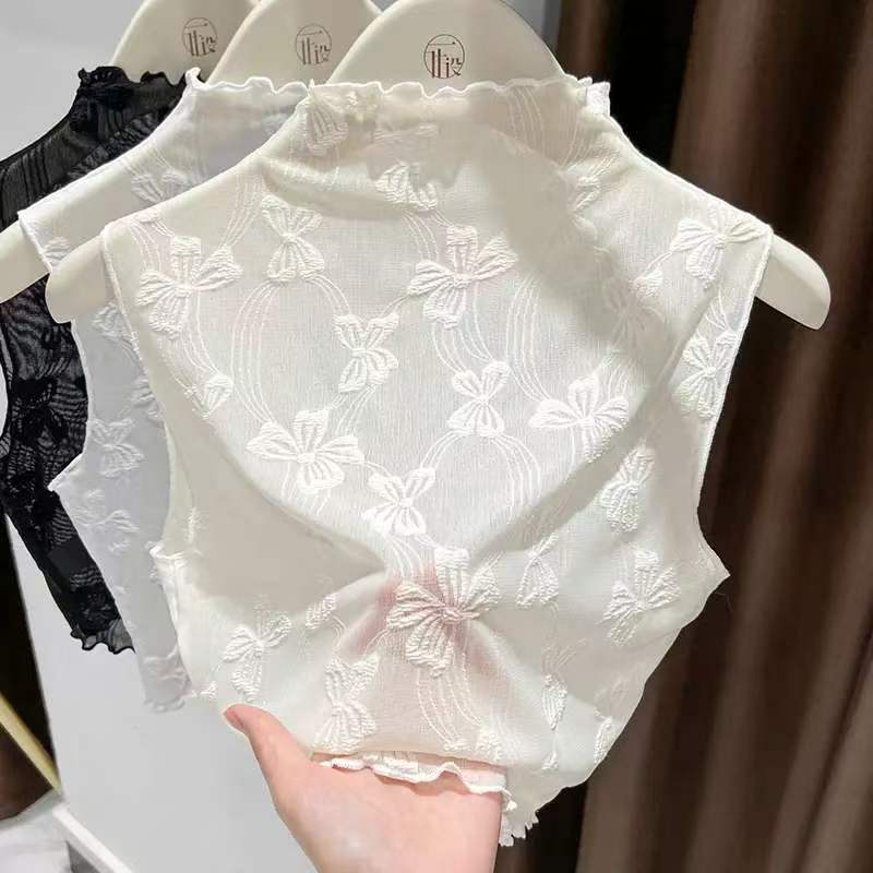 秋冬女半高领蕾丝网纱打底背心