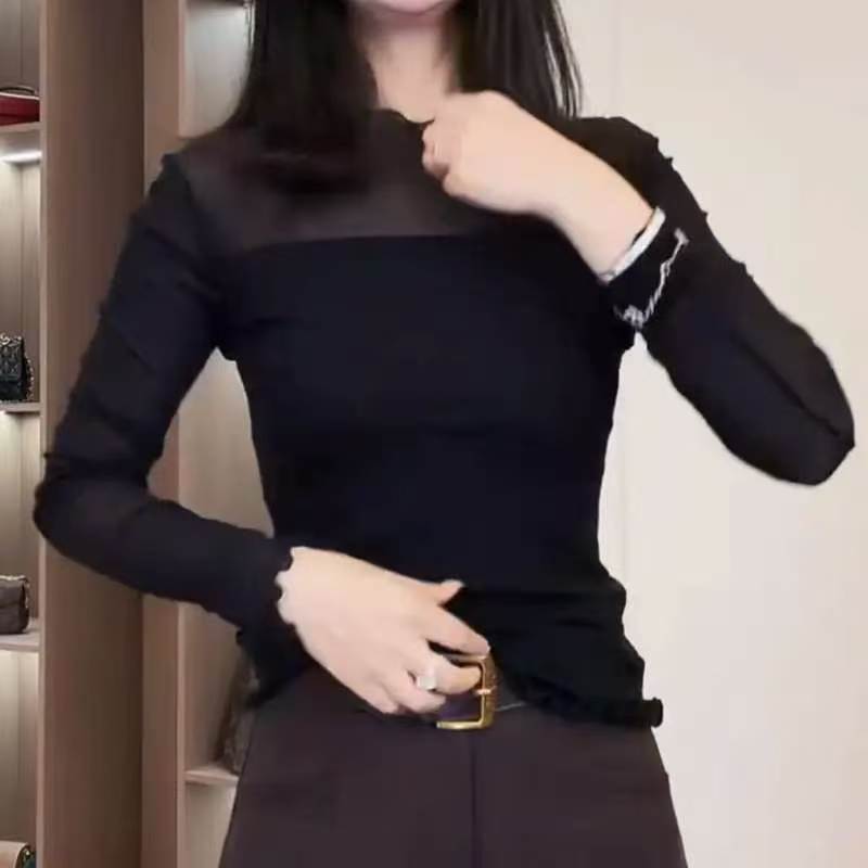 纯色木耳边网纱蕾丝衫女长袖修身简约薄款透视上衣通勤打底小衫