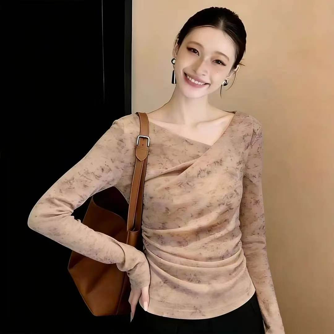 温柔新中式碎花网纱打底衫女斜V领褶皱收腰显瘦长袖气质内搭上衣