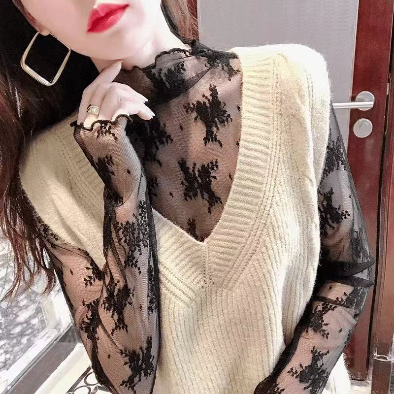 半高领网纱打底衫女洋气毛衣内搭蕾丝薄款纱衣木耳边性感透视上衣