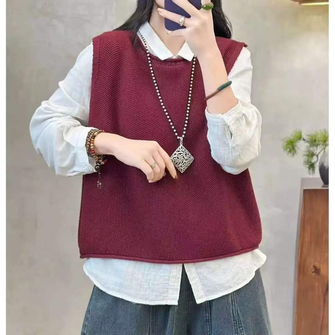 纯色针织马甲背心女春秋宽松圆领无袖毛衣休闲外搭遮肉显瘦上衣