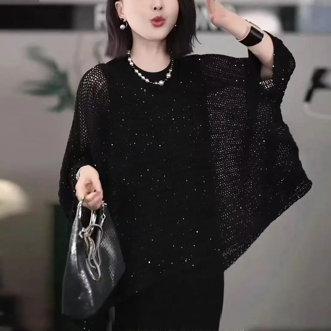 慵懒宽松复古细闪珠片镂空针织罩衫女2026春夏季新款黑色圆领上衣