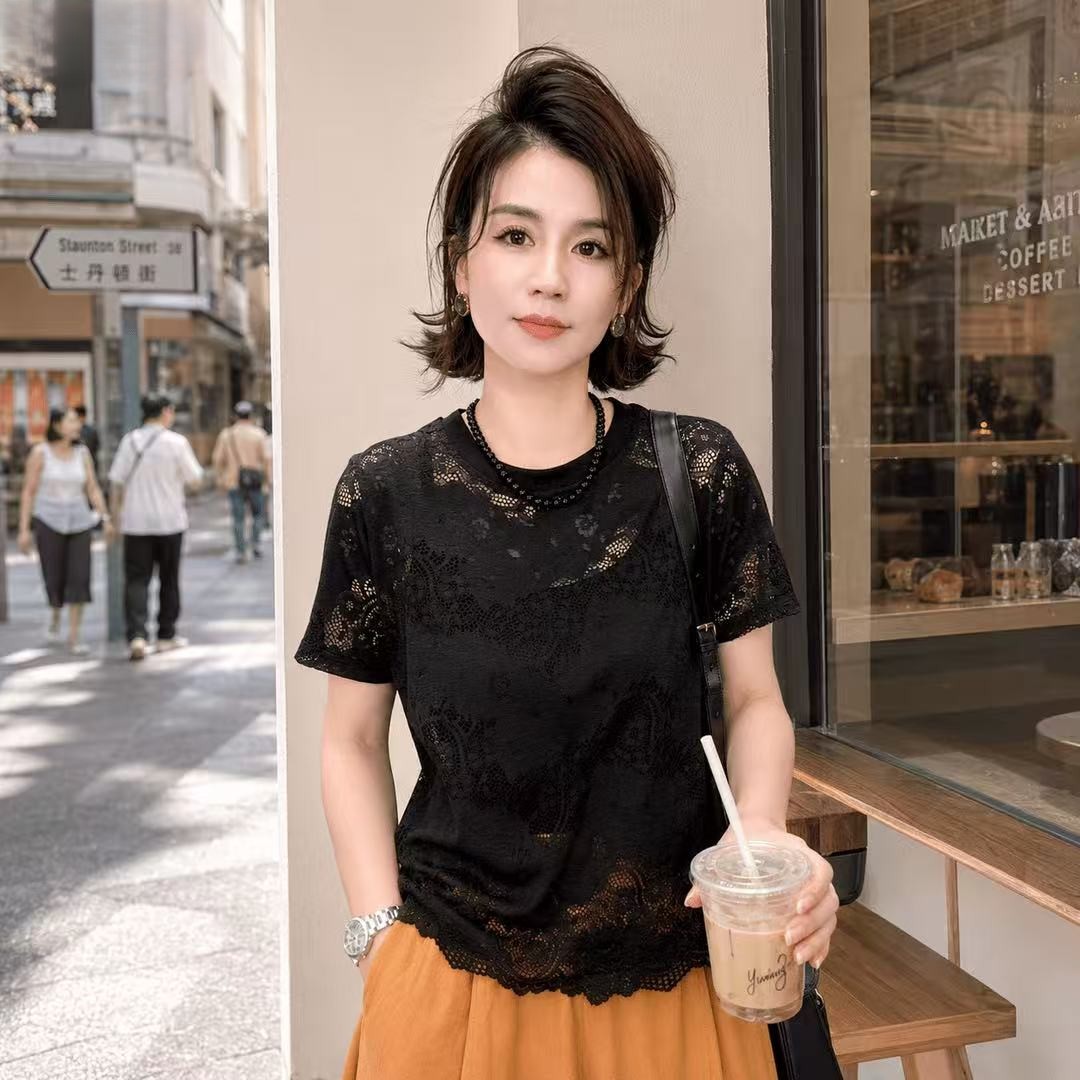 韩版温柔风钩花镂空蕾丝短袖t恤女2026新款慵懒显瘦遮肉宽松上衣