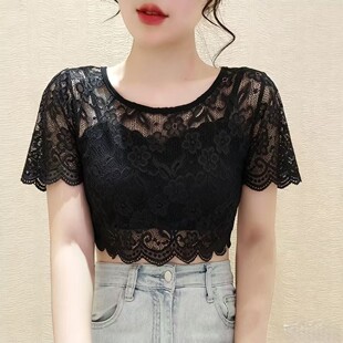 夏季蕾丝短袖半截罩衫上衣新女装2026洋气镂空薄网纱T恤圆领