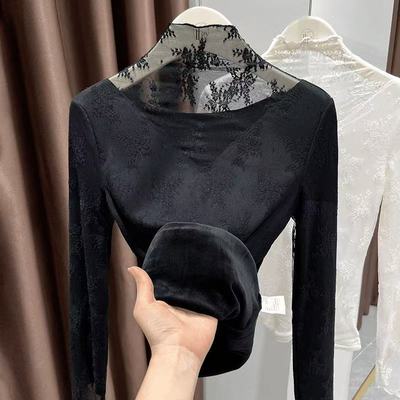 半高领木耳边设计感镂空蕾丝打底衫秋冬新款加绒加厚保暖上衣内搭