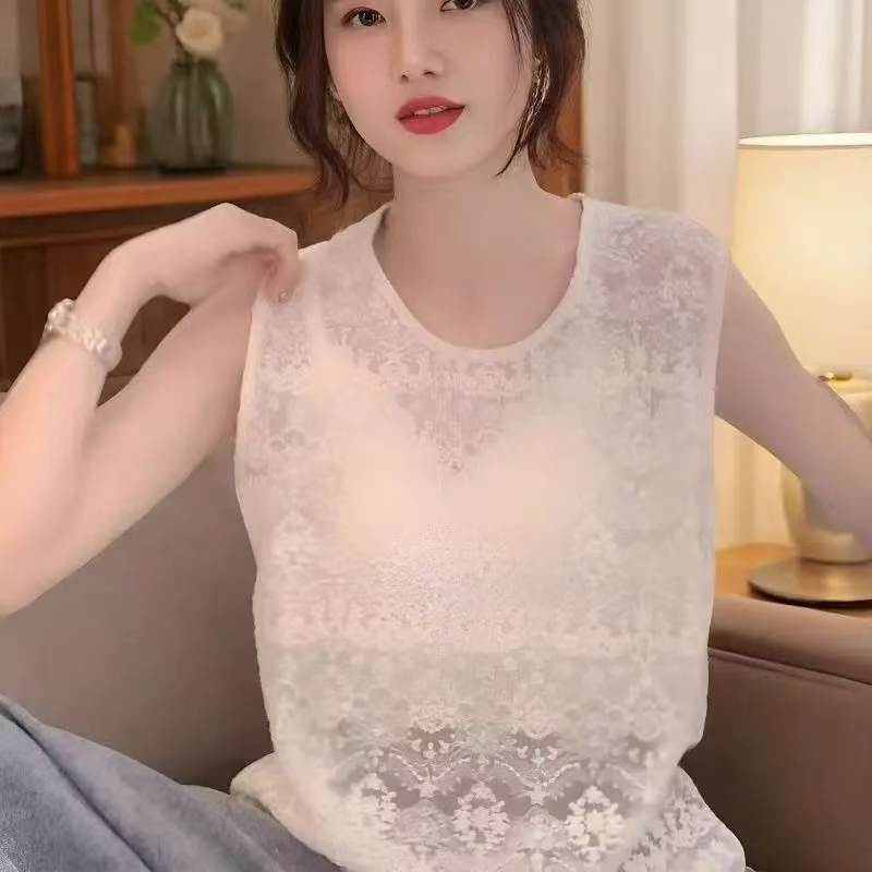百搭上衣蕾丝时尚打底上衣新款背心刺绣花边韩版温柔无袖休闲圆领