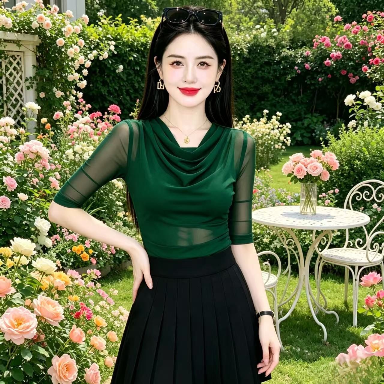 【绿色爆款】夏季堆堆领网纱打底衫女修身显瘦气质百搭五分袖上衣