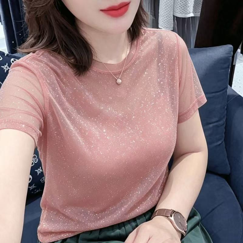 时尚亮丝弹力网纱蕾丝小衫上衣女夏季新款修身洋气圆领短袖T恤女