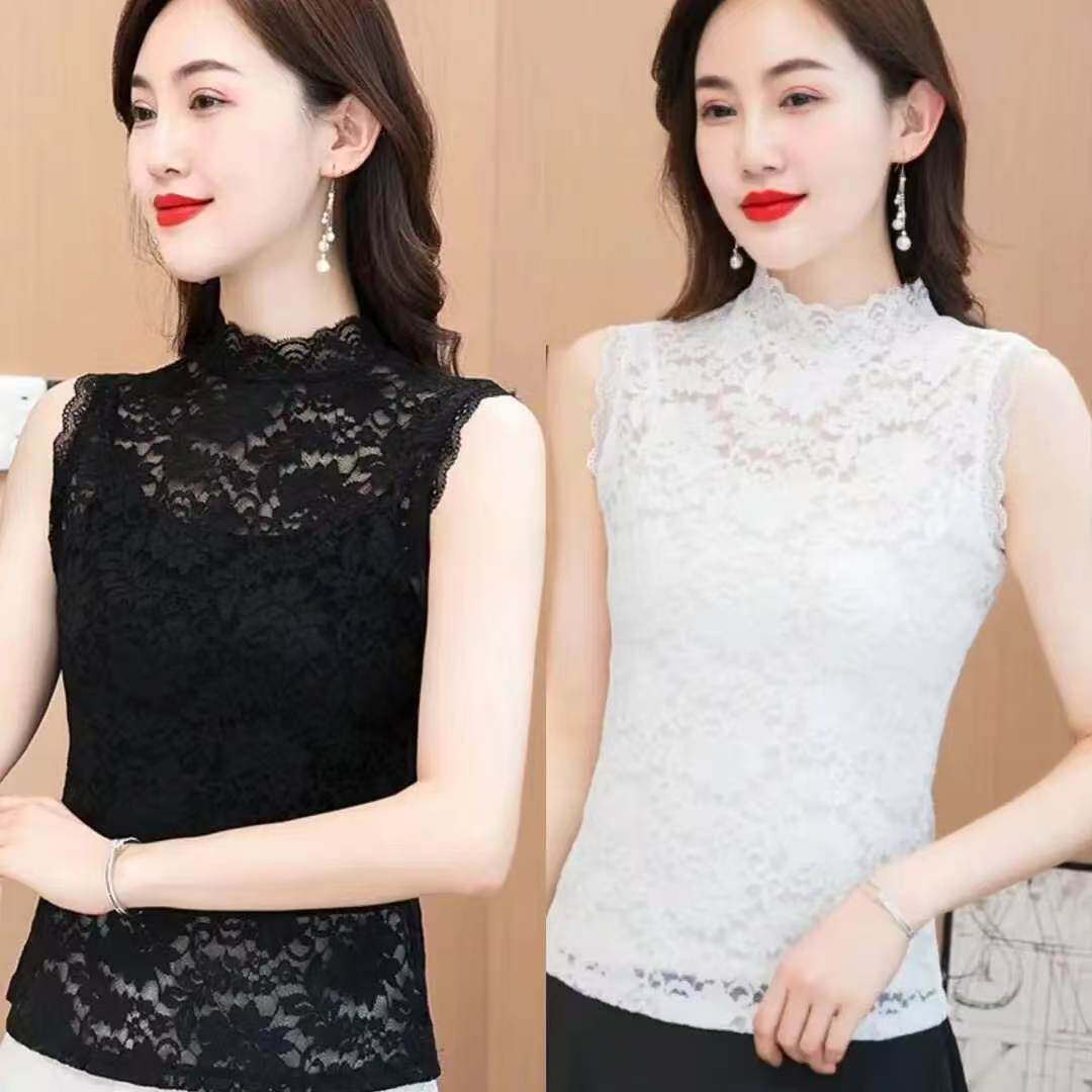 蕾丝假两件百搭薄款上衣性感风蕾丝衫女半高领无袖打底衫花边内搭