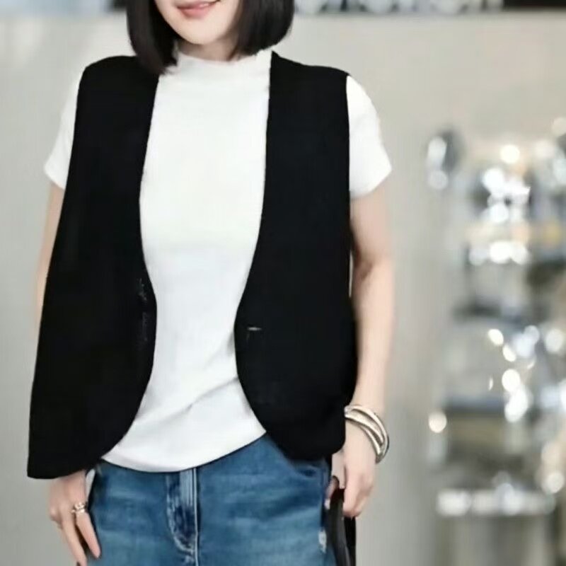 【夏季背心】 韩版V领针织马甲夏季轻薄透气外搭通勤百搭坎肩上衣