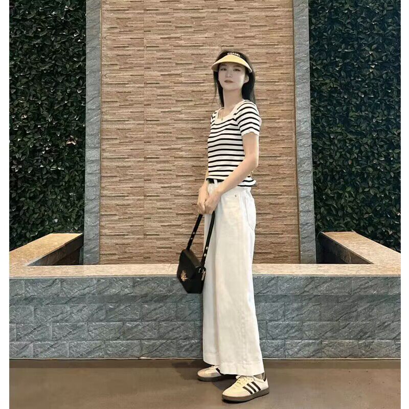韩版法式U领条纹冰丝短袖针织T恤时尚修身显瘦短款大码洋气上衣