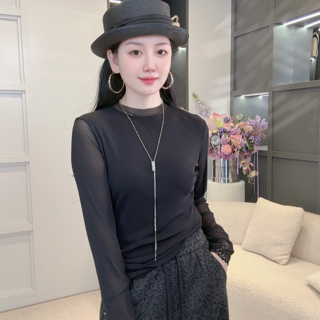 秋季新款时尚圆领纯色网纱长袖打底衫气质减龄显瘦女人味上衣