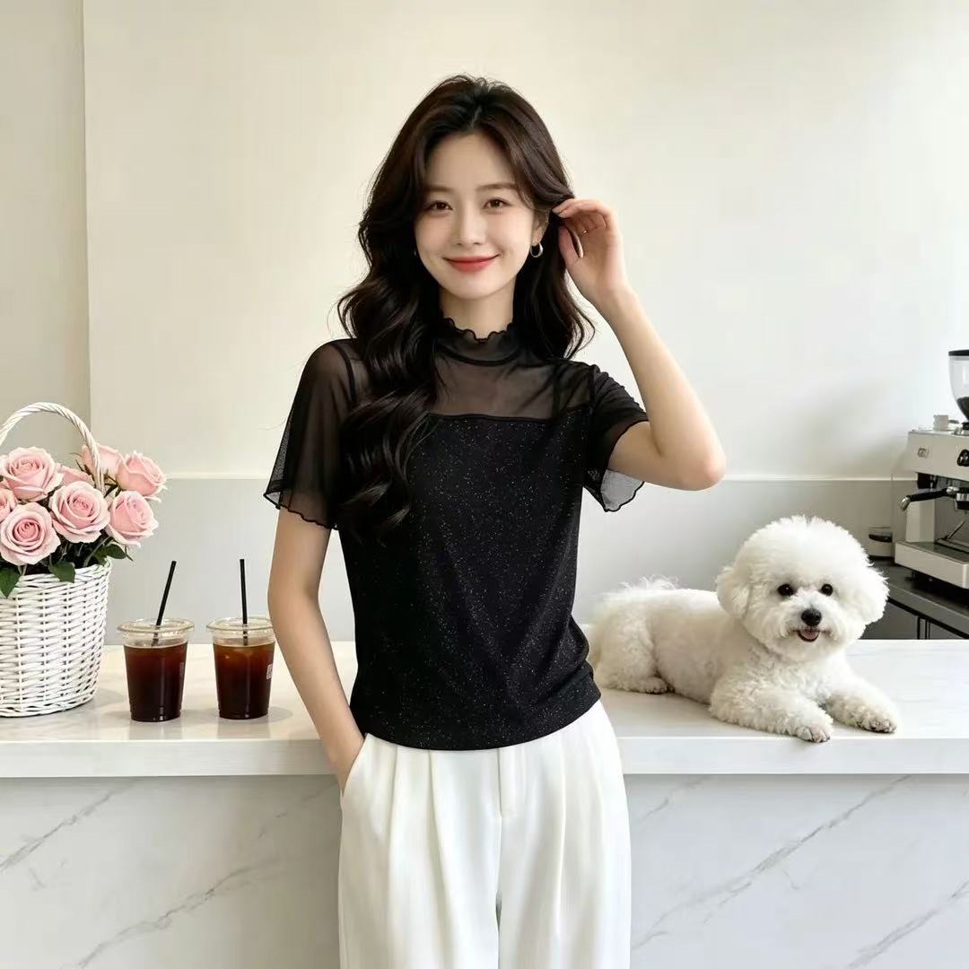 设计感细闪亮片微透短袖夏季新款显瘦遮肉减龄上衣气质T恤女