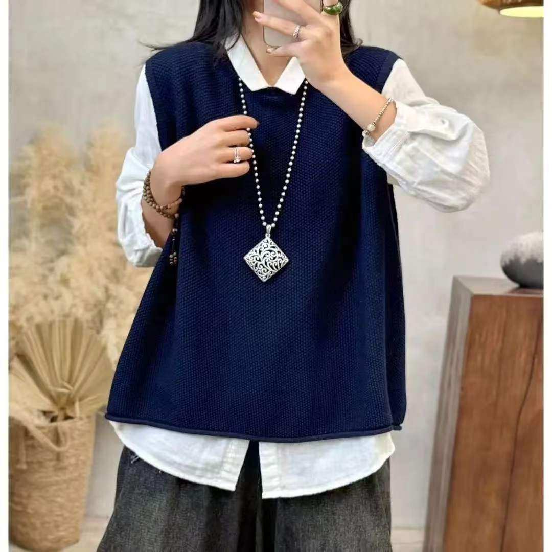 宽松针织背心女秋款圆领无袖文艺复古马甲叠穿外搭上衣气质百搭