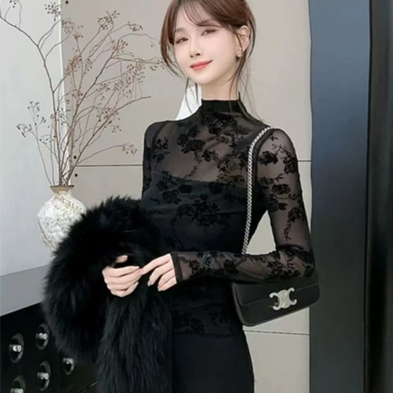 2025秋冬新款纯欲风半高领网纱打底衫女内搭修身显瘦长袖蕾丝衫,女装/女士精品,T恤,淘宝优惠券,粉丝福利购,淘宝优惠卷