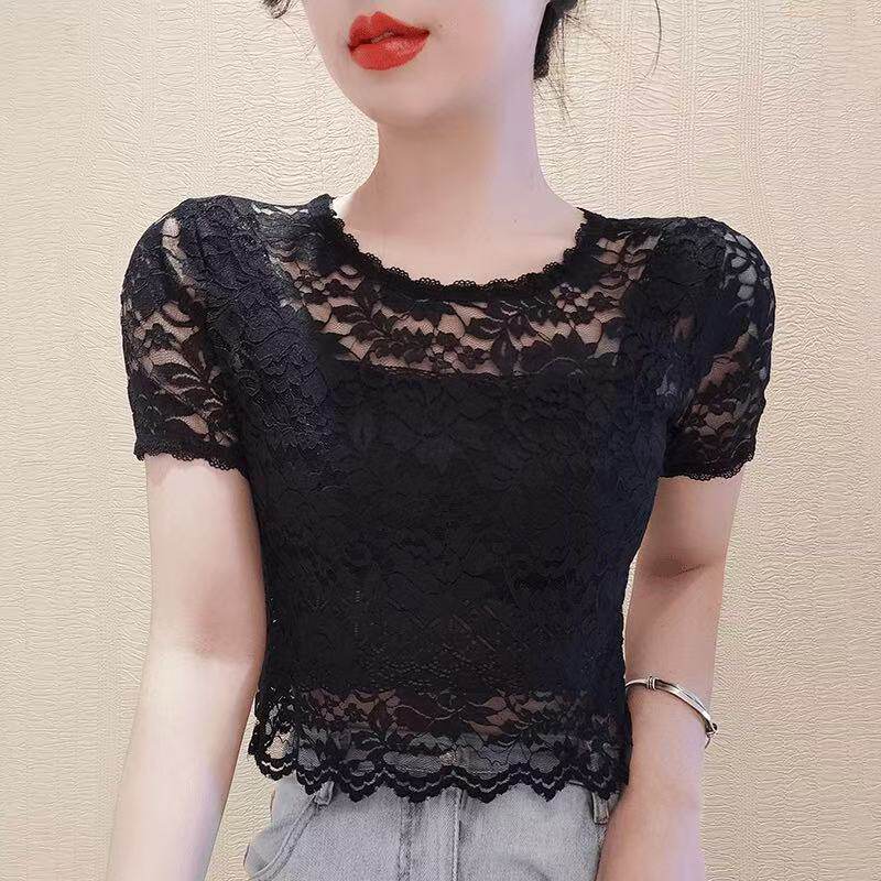 夏季修身圆领蕾丝衫女短袖镂空薄款百搭性感打底衫上衣