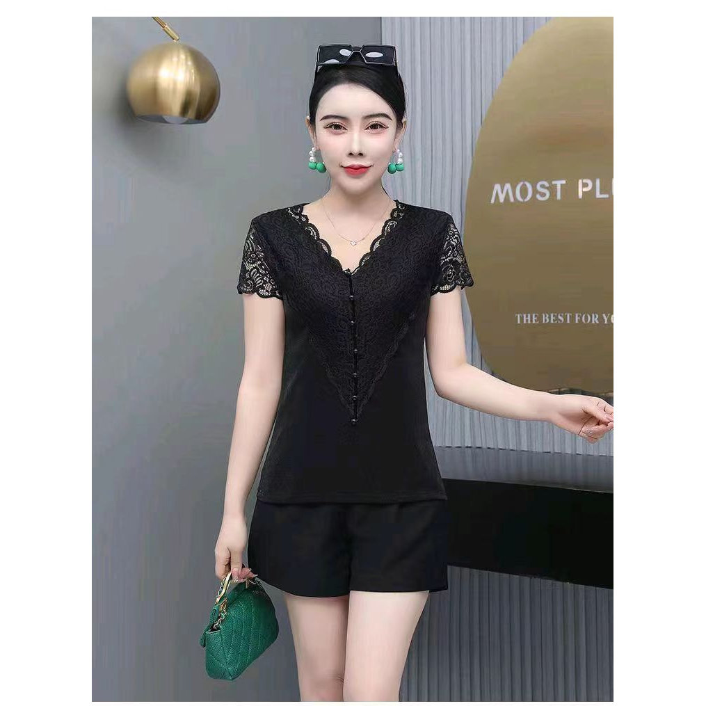 夏季新款蕾丝衫V领短袖花边t恤气质小衫女士内搭外穿高级感上衣