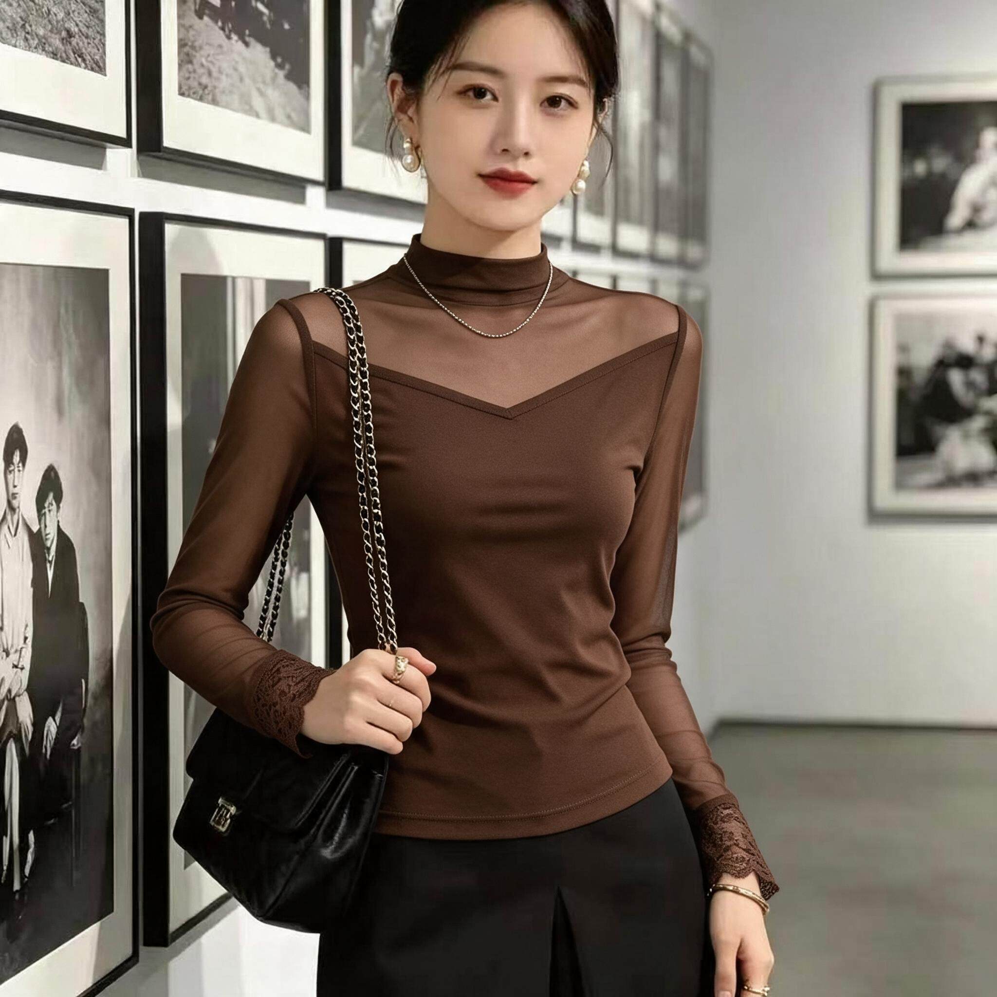 简约半高领网纱拼接长袖打底衫女春秋蕾丝花边袖口洋气内搭小上衣