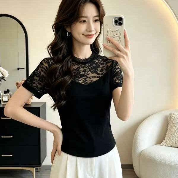 蕾丝拼接短袖T恤打底女2026夏洋气减龄百搭时尚显瘦女式外搭小衫
