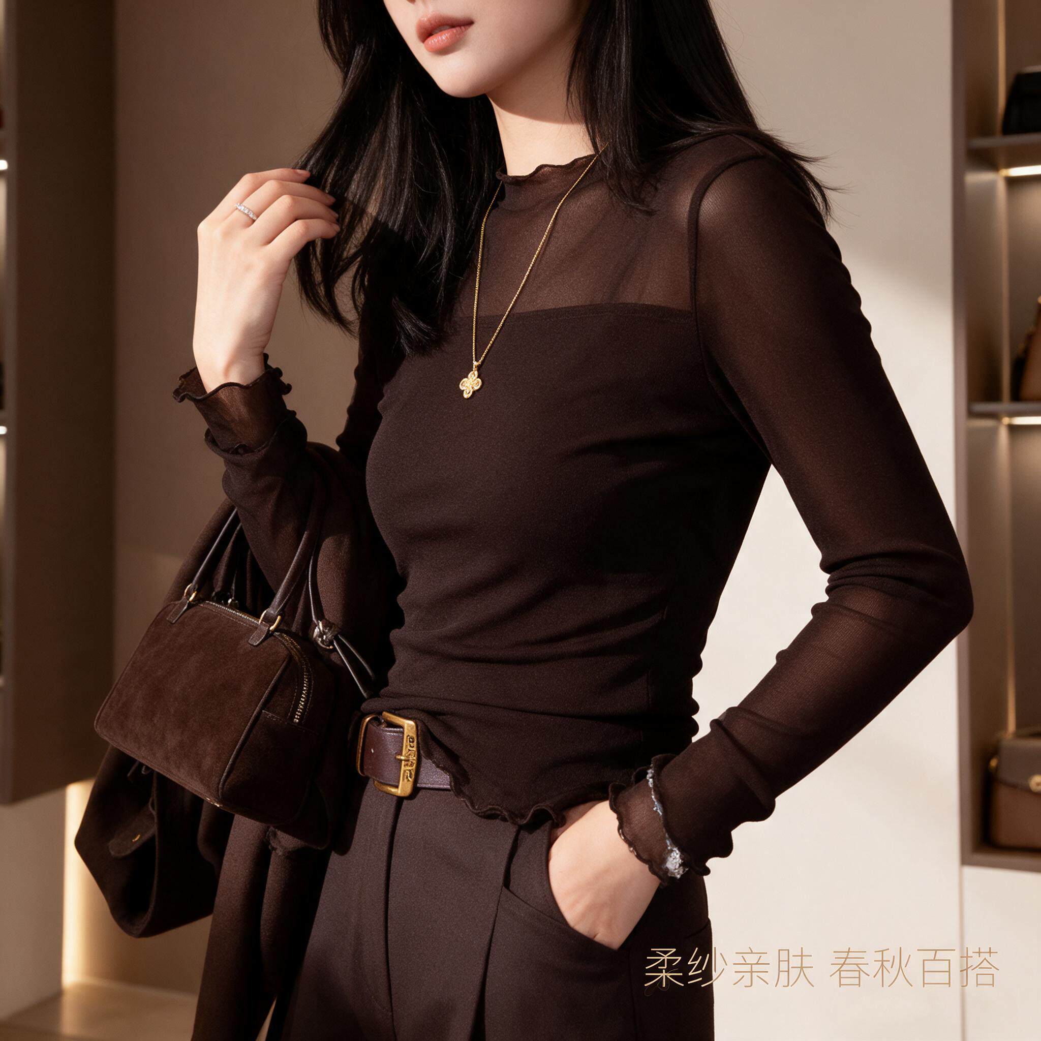 秋季显瘦网纱打底上衣女半高领木耳边长袖温柔风通勤气质小衫