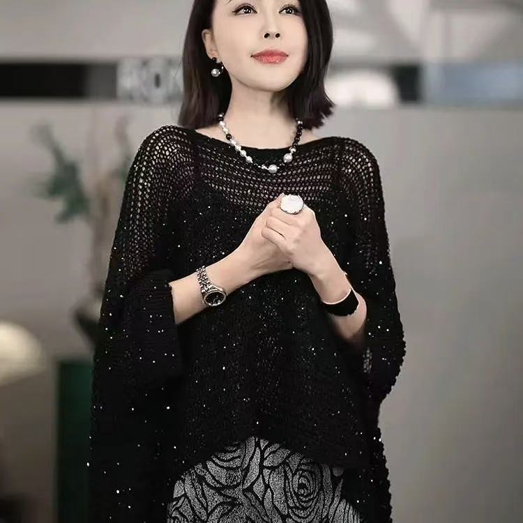 韩版亮片镂空蝙蝠袖针织衫显瘦