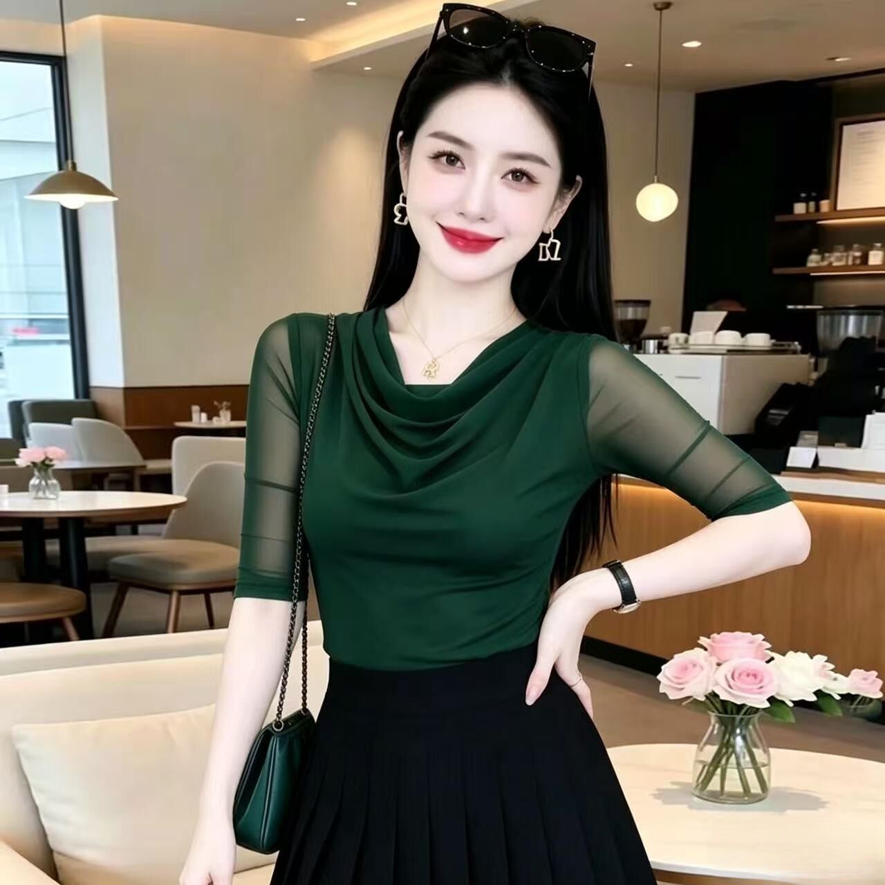 【绿色爆款】夏季网纱短袖T恤女款新款洋气小衫内搭蕾丝气质上衣