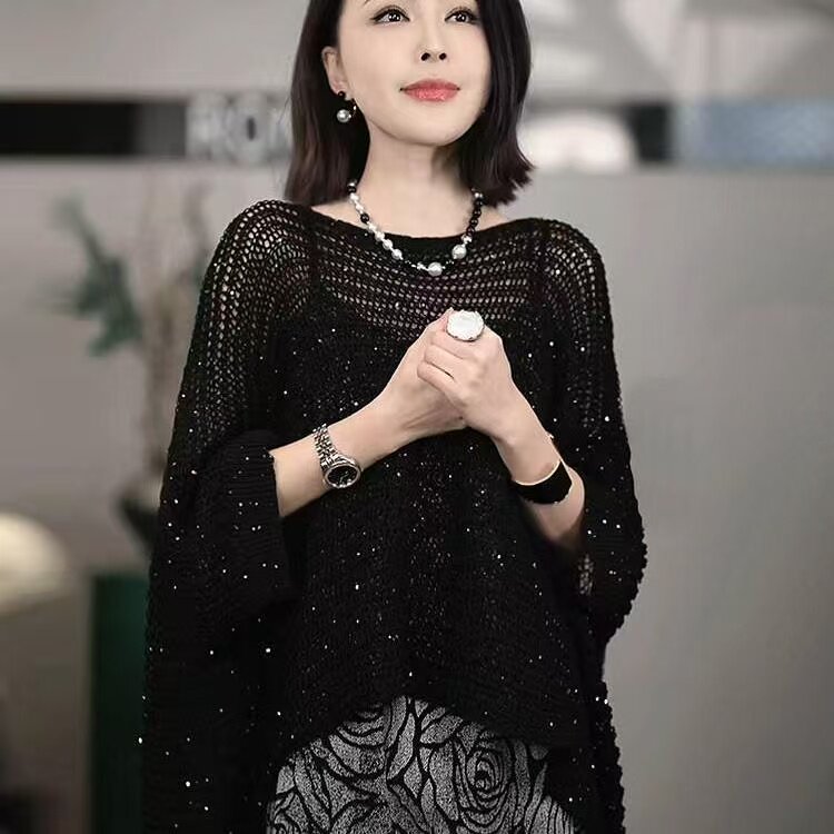 韩系高级感轻奢亮片圆领镂空蝙蝠袖针织衫女宽松显瘦套头上衣