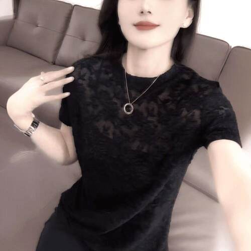 设计感提花网纱蕾丝拼接圆领短袖冰丝小衫t恤女修身显瘦打底衫