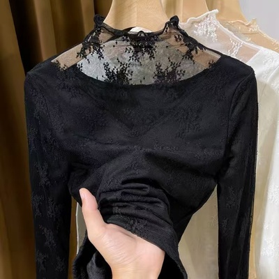 法式轻奢半高领长袖镂空蕾丝打底衫叠穿女2025新款秋季内搭上衣女