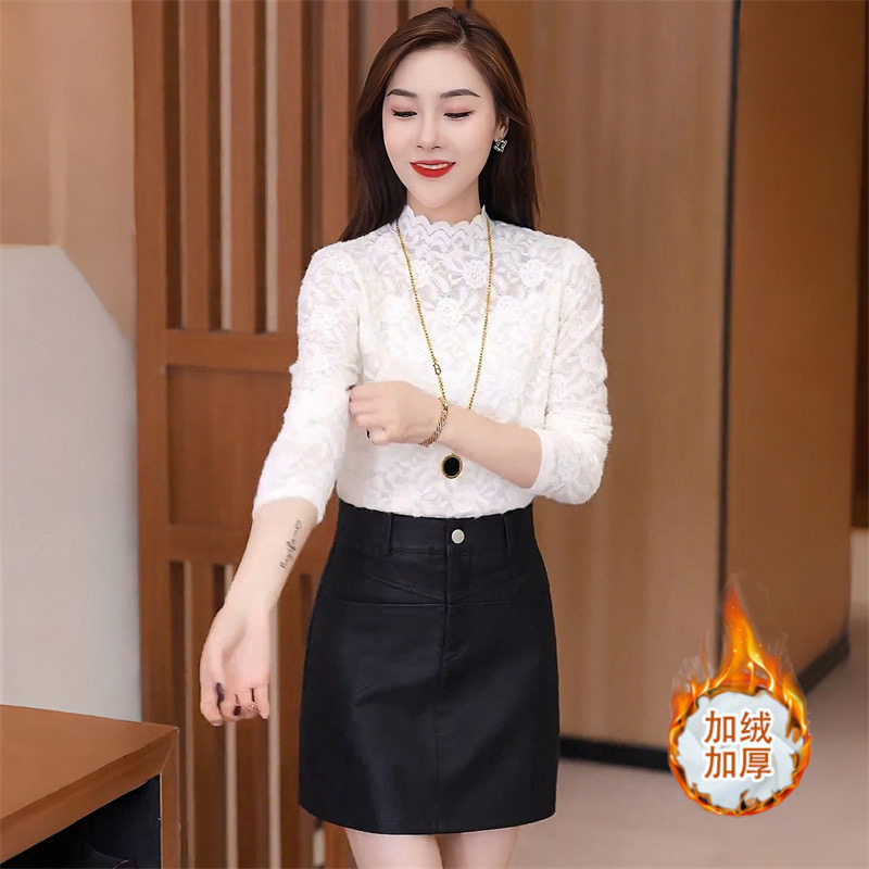 千金风时尚蕾丝打底衫女半高领长袖镂空修身秋冬内搭百搭上衣