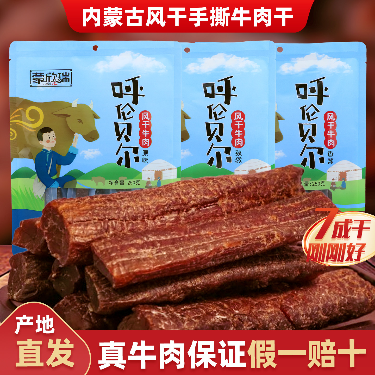 内蒙特产风干牛肉干250g真空小包高蛋白办公室健身休闲零食蒙新瑞