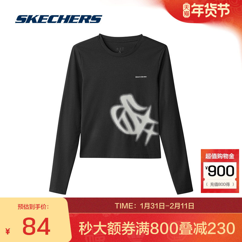 斯凯奇官方outlets女款长袖运动T恤夏秋夏季修身圆领柔软舒适