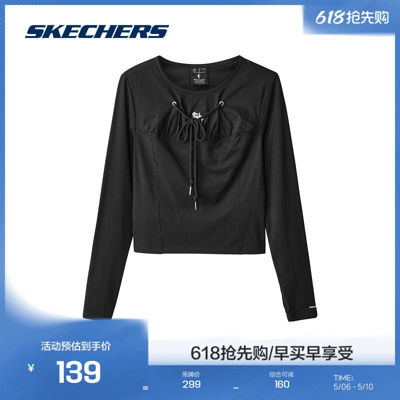 斯凯奇官方outlet女款长袖圆领碳黑色柔软修身显瘦T恤衫