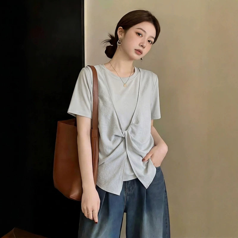 假两件短袖t恤女夏季大码胖mm宽松遮肚子不规则扭结短袖上衣11789