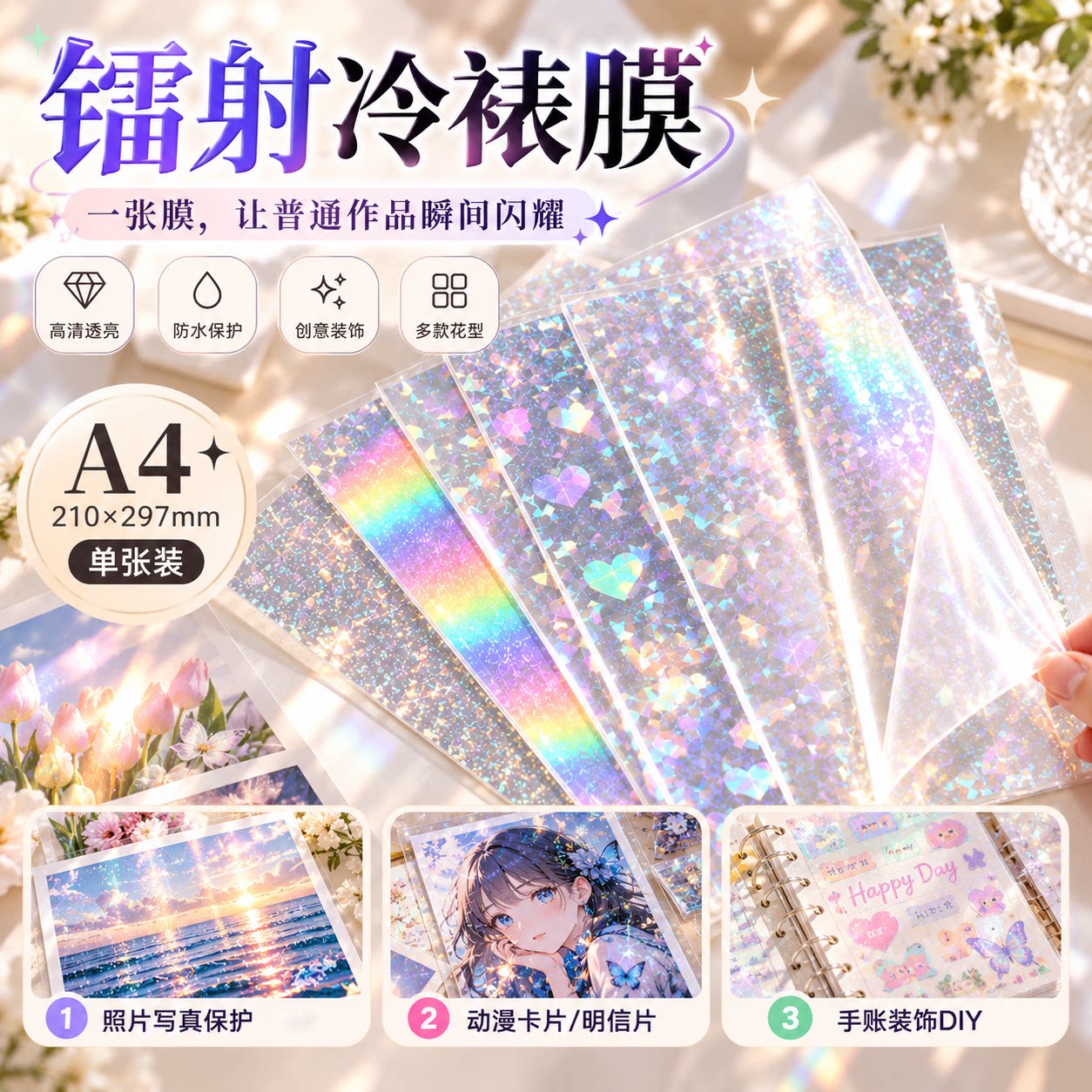 冷裱膜树叶昆虫标本相片透明封膜纸明星周边写真动漫卡片防水diy镭射覆膜保护膜满天星玻璃碎bopp照片塑封膜